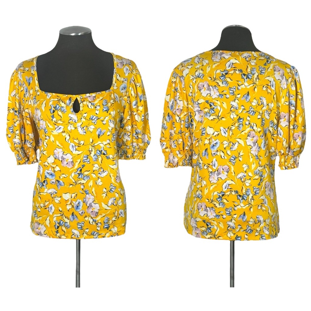Yellow Floral Square-Neck Puff Sleeve Blouse